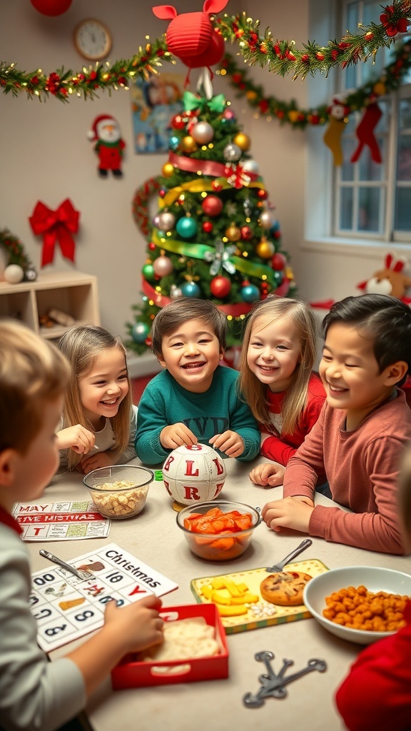 Children enjoying Christmas party games with decorations and a Christmas tree.